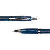 A blue metal pen with a sleek design and silver accents, featuring a clip and a retractable tip.