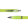 A metal pen in a vibrant lime green color with chrome accents. The pen features a sleek design and a smooth writing tip.