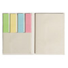 A booklet containing sticky notes in green, yellow, blue, and pink, with a blank notepad section. Features a logo.