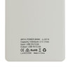 A light grey power bank with a capacity of 10,000mAh, featuring a logo and technical specifications on the back.