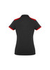 A black women's polo shirt featuring red accents on the collar and sleeves. Brand logo is visible.