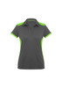 A women's polo shirt in grey with bright green detailing and a collar. Features a logo.