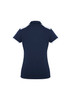 A women's polo shirt in navy with white detailing on the collar and sleeves, featuring a logo.