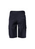 Men's navy shorts featuring cargo pockets and a waistband. The back view highlights the pocket detailing.