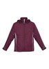 A maroon kids' jacket with a hood and contrasting grey details, featuring a zip closure and loose fit.