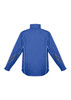 A blue kids' jacket with long sleeves, featuring a high collar and reflective detailing. It has a logo on the design.