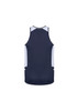 A navy blue men’s singlet with light blue accents, featuring a logo on the back.