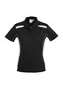 A black women's short sleeve polo shirt featuring white stripes and a collar, with a logo on the chest.