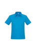 A blue short sleeve polo shirt with three buttons and a subtle texture, featuring a logo.