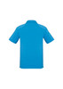A blue men's short sleeve polo shirt featuring a collar and a branded logo on the back.