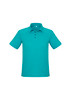 A teal short sleeve polo shirt featuring a collar, three buttons, and a logo.