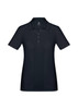 A women's polo shirt in navy blue with short sleeves and a three-button placket, featuring a logo.