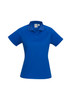 A women's short sleeve polo shirt in a bright blue colour featuring a collar and a logo.