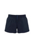 A pair of dark navy women's sports shorts with an elastic waistband and drawstring detail. Features a logo.