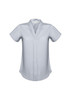 A light grey women's short sleeve button-up shirt with a stylish collar and subtle branding.