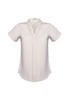 A short-sleeve women's button-up shirt in a light cream colour, featuring a v-neck design and rolled sleeves.