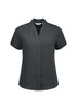 A short-sleeve women's button-up shirt in dark grey with a sleek collar and a logo.