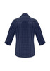 A women's navy plaid button-up shirt featuring 3/4 sleeves and a branding logo on the back.