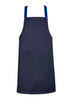 A navy blue chef's apron with blue straps and a front pocket, featuring a branding logo.