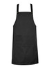 A black apron with adjustable bib straps and a front pocket, featuring a logo at the top.