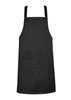 A black apron with adjustable dark straps and a front pocket, featuring a logo.