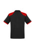 A black polo shirt with red accents on the shoulders and sleeves, featuring a logo on the front.
