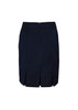 A dark navy pencil skirt featuring a back zip and a pleated design at the hem. It includes a branding logo.