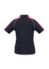 A women's short sleeve polo shirt in navy with red accents and a logo. Features a classic polo collar and sporty design.
