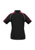 A black women's short sleeve polo shirt with red and white accents. It features a collar and has a logo.