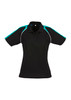 A black women's polo shirt featuring teal accents and a logo on the chest.
