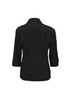 A black women's 3/4 sleeve button-up shirt, featuring a classic collar and a tailored fit at the back.