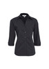 A women's black 3/4 sleeve button-up shirt featuring a collar and a logo.