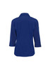 A navy blue women's 3/4 sleeve button-up shirt featuring a back view and a collar. It has a logo.