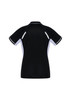 A black women's short sleeve polo with white and grey accents and a logo on the back.