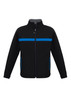 A black unisex soft shell jacket with blue accents and zippers, featuring a logo on the front.