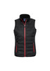 A black women's vest with a zip front, featuring red accents and side pockets. It has a high collar.