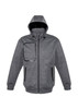 A grey men's jacket with a hood, featuring a zippered chest pocket and side pockets. It has a subtle logo.