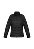 A black women's puffer jacket with a zip front and ribbed collar, featuring side pockets and a logo.