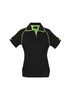 A black women's polo shirt with short sleeves and lime green accents, featuring a logo.