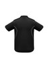 A black short sleeve polo shirt featuring contrasting white accents and a logo on the upper back.