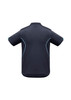 A navy short sleeve polo with blue accents and a logo on the back. Ideal for kids' casual wear.