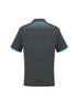 A dark grey men's polo shirt with light blue accents and a patterned design on the back. It features a logo.