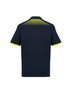 A navy short sleeve polo shirt featuring a grid pattern in bright yellow on the back. Includes a logo on the chest.