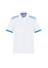 A white short sleeve polo shirt featuring blue accents on the shoulders and collar, with a logo displayed.