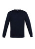 A navy blue men's pullover with a V-neck and long sleeves, featuring a logo on the chest.
