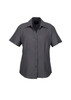 A grey short sleeve button-up shirt with a collar and buttons down the front. It features a logo on the chest.