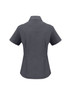 A grey ladies' plain short sleeve shirt with a collared neckline and a fitted design. It has a logo on the back.