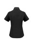 A black short sleeve button-up shirt with a fitted design and a collar, featuring a logo.
