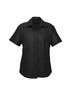 A black button-up shirt with short sleeves and a collar, featuring a front placket with buttons.
