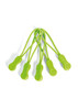 Five green Zippies with flexible cords, designed as clothing accessories. Each has a smooth, rounded grip.
